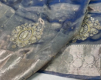 Resplendent Handcrafted Pure Tissue Silk Saree, Liquid Gold Zardozi Scalloped Sari Masterpiece