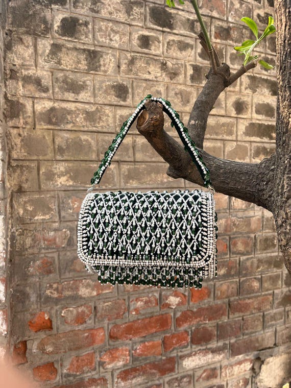 Handmade Beaded Potli Bag, Bridal Clutch with Pearl Handle