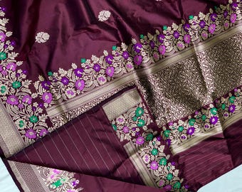 Katan Zari Silk Saree, Handloom Weaving Banarasi Paithani Border