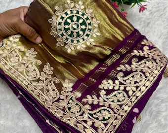 Gaji Silk Ajrakh Saree, Abstract Leaf Gota Patti, Wedding Party Saree