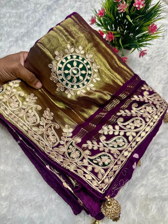 Gaji Silk Ajrakh Saree, Abstract Leaf Gota Patti, Wedding Party Saree