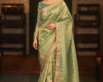 Handloom Tissue Silk Saree, Resham Varanasi Weaving, Banarasi Border