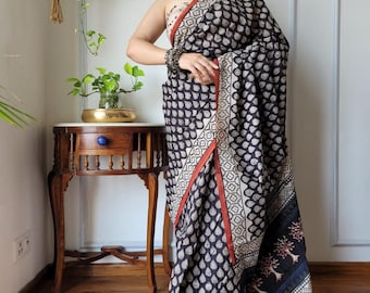 Hand Block Printed Mul Cotton Saree, Abstract Kalamkari Flower, Silk Mark Handloom
