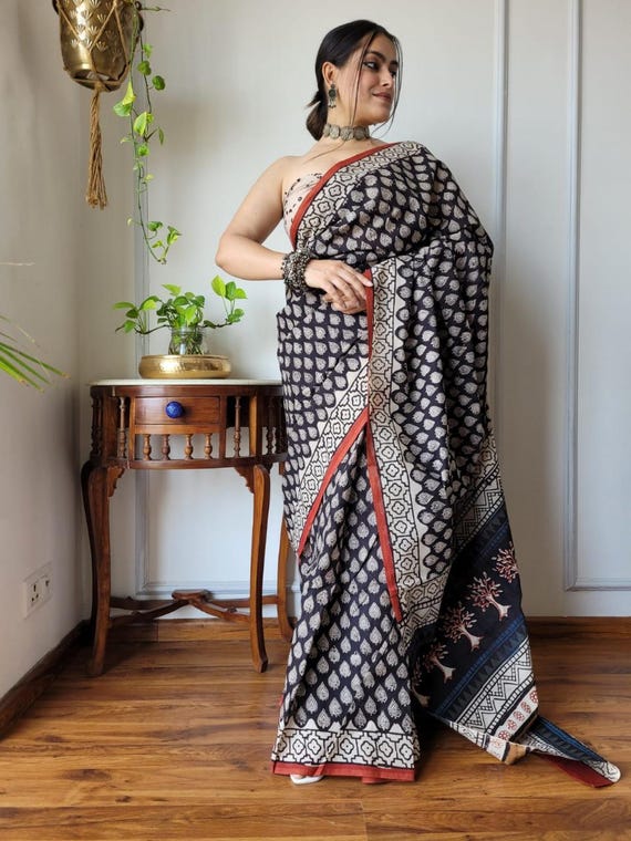 Hand Block Printed Mul Cotton Saree, Abstract Kalamkari Flower, Silk Mark Handloom