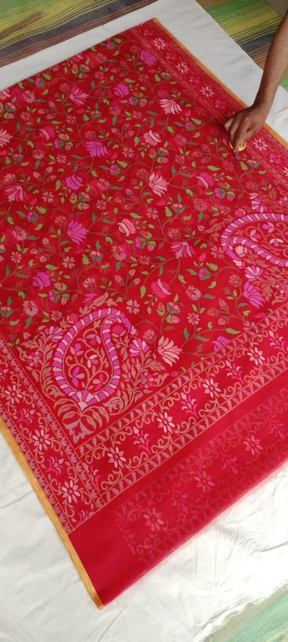 Real Gold Zari Jamdani Silk Saree, Kadhua Handloom Banarasi Weave