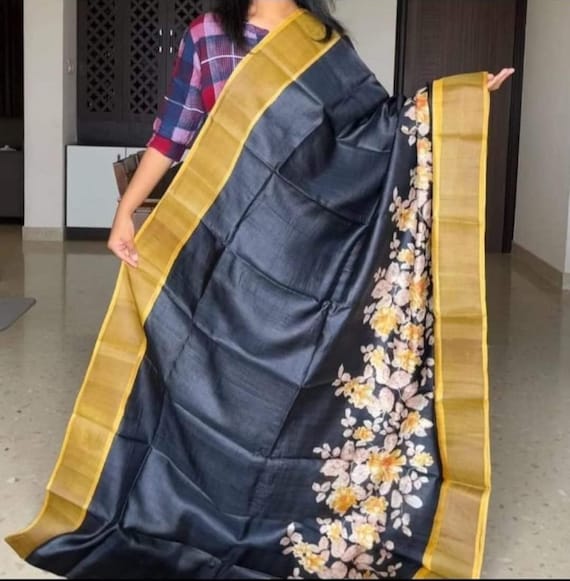 Muga Tussar Silk Saree, Kalamkari Floral Handloom, Wedding Saree