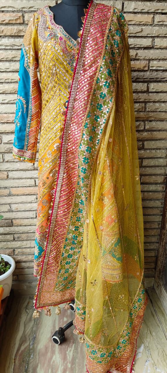 Hand Embroidered Tulle Kurta Set, Gotta Patti Peacock Motifs, Wedding Dress