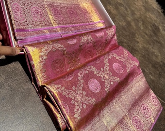 Pure Kanjeevaram Silk Saree | Dusty Rose Gold Zari Jaal, Bridal Kanchipuram Sari
