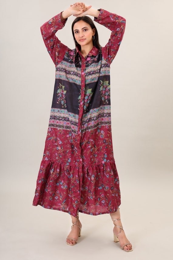 Printed Silk Maxi Dress - One Size Bohemian Flare Dress