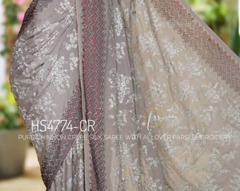 Parsi Floral Embroidery Pure Chinnon Crepe Silk Saree | Swarovski Border | Elegant Designer Wrap