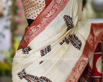 Muga Silk Ajrakh Weaving Saree, Kalamkari Floral Handloom, Wedding Saree gift