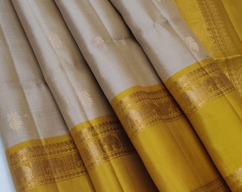 Double Warp Kanjeevaram Silk Saree | Wine Purple, Silver Grey Border, Gold Peacock Motifs