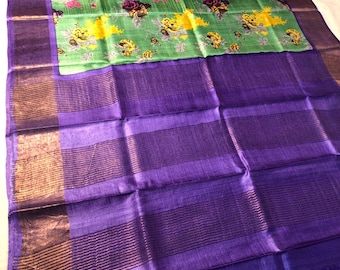Hand-Painted Tussar Silk Saree: Artisan Certified Handloom Wrap Wedding Gift Sari