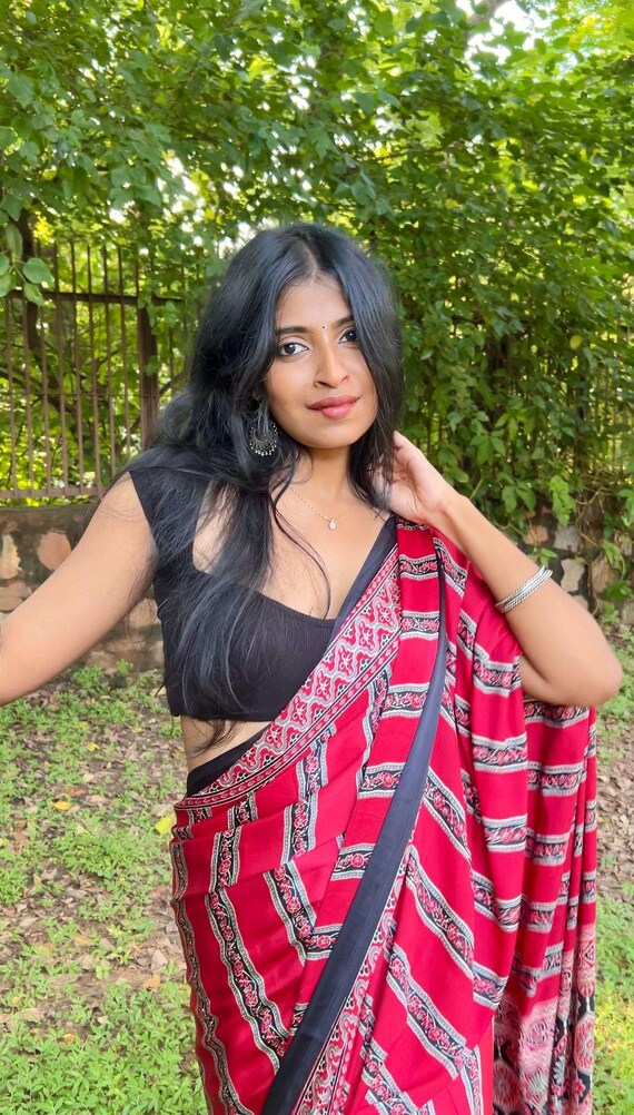 Modal Silk Ajrakh Saree, Retro Print Wedding Saree