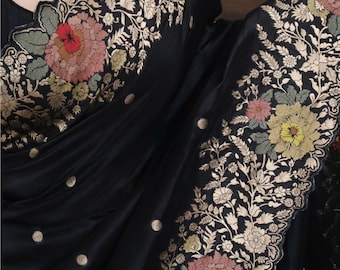 Pure Munga Silk Saree | Black Meenakari Floral Artistry | Scalloped Cutwork Border | Evening Party Sari