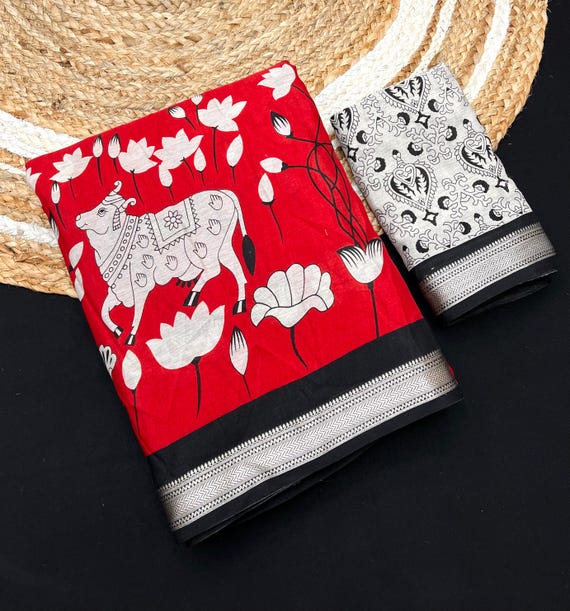 Cotton Kalamkari Saree, Handloom Chanderi Zari Border, Wedding Saree Blouse