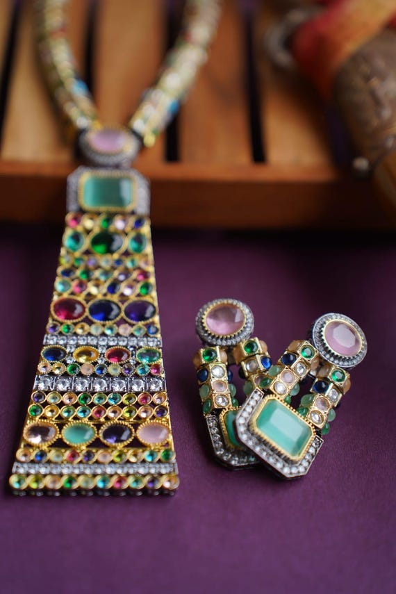 Sabyasachi Inspired Necklace Set, Navratan Stone, Gold Plated Bridal Jewelry