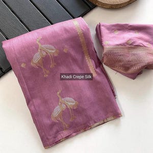 Hand-Dyed Khaddi Crepe Silk Saree, Duck Motifs, Zari Meena Weave