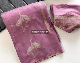 Hand-Dyed Khaddi Crepe Silk Saree, Duck Motifs, Zari Meena Weave
