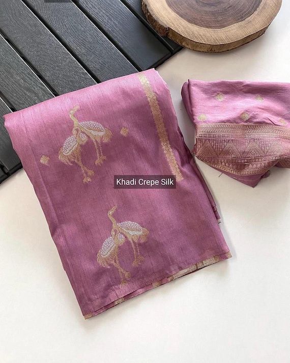 Hand-Dyed Khaddi Crepe Silk Saree, Duck Motifs, Zari Meena Weave