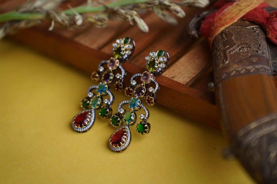 Sabyasachi Inspired Earrings | Green & Pink Stone Indian Jewelry