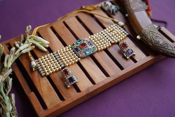 Sabyasachi Inspired Necklace Set, Multicolor Stone Jewelry, Bridal Haldi Jewelry