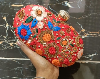 Red Bohemian Embroidered Floral Clutch | Maximalist Festival Bag | Artisan Hard Case Purse