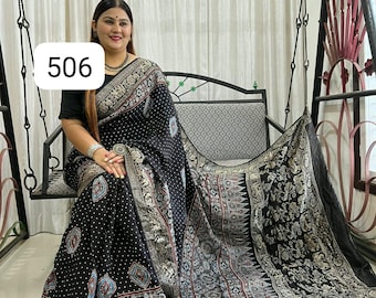 Natural Dye Ajrakh Dola Silk Saree | Hand Block Print Zari Border | Heritage Wrap