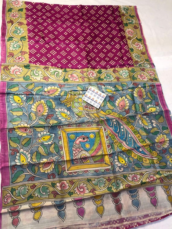 Handloom Tussar Silk Saree, Pen Kalamkari Block Print, Silk Mark Certified