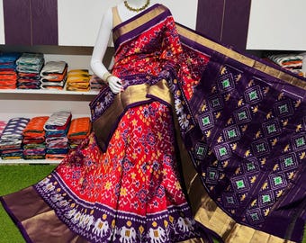 Deep Purple Patola Silk Saree | Bright Orange Ikat Border | Traditional Indian Wedding Sari