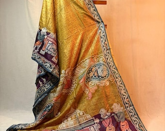 Handloom Kantha Tussar Silk Saree, Block Print Banarasi, Silk Mark Certified