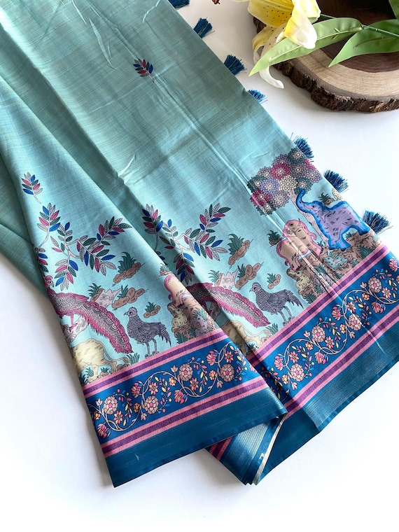 Handloom Chanderi Silk Saree, Kalamkari Floral Print, Zari Border