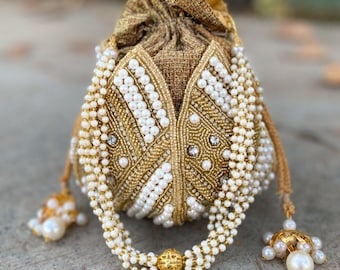 Handmade Beaded Bridal Potli Bag with Pearl Handle