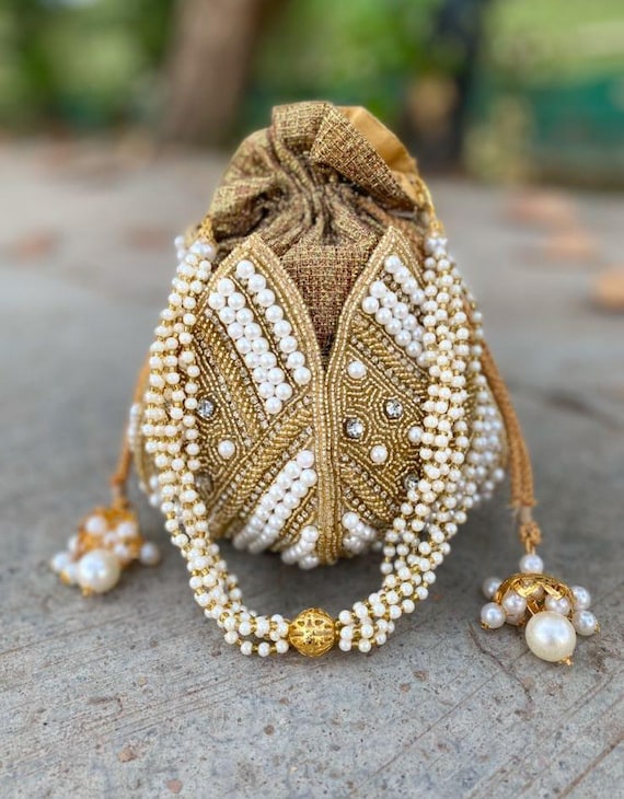 Handmade Beaded Bridal Potli Bag with Pearl Handle