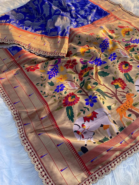 Munga Silk Paithani Saree, Kalamkari Floral Handloom, Wedding Saree