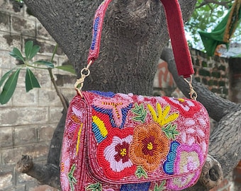 Red Floral Beaded Shoulder Bag | Colorful Boho Purse | Maximalist Festival Handbag