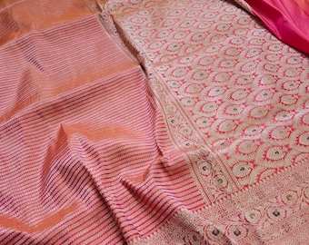 Alluring Handloomed Katan Banarasi Silk Saree, Exclusive Striped Border Alfi Meenakari Sari Masterpiece