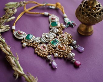 Handmade Kundan Necklace Set, Multi Color Stone Beaded Indian Jewelry