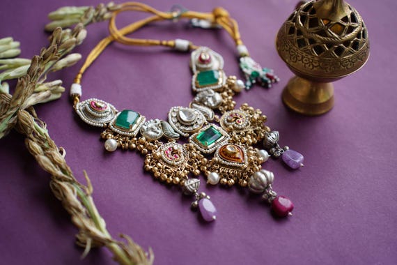 Handmade Kundan Necklace Set, Multi Color Stone Beaded Indian Jewelry