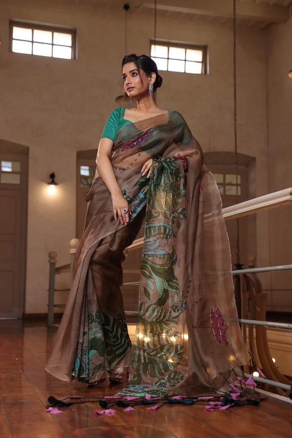 Handloom Organza Saree, Abstract Bird and Flower Hand-Painted Design