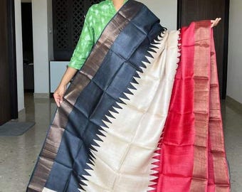 Handloom Muga Tussar Silk Saree, Abstract Kalamkari, Wedding Saree