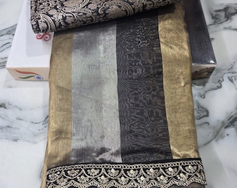 Enchanting Custom Handloomed Kora Tissue Striped Rangkat Saree, Delicate Lace Festive Sari Masterpiece