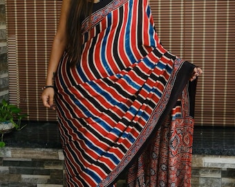 Modal Silk Ajrakh Saree, Retro Print, Wedding Saree