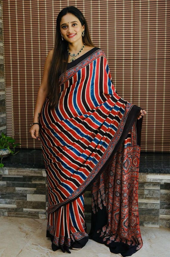 Modal Silk Ajrakh Saree, Retro Print, Wedding Saree