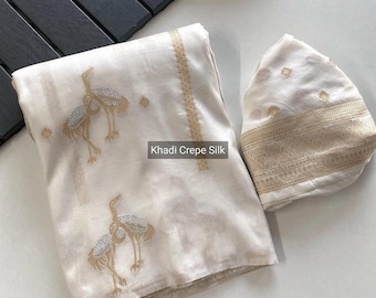 Handloom Khaddi Crepe Silk Saree, Duck Motifs, Zari Meena Work