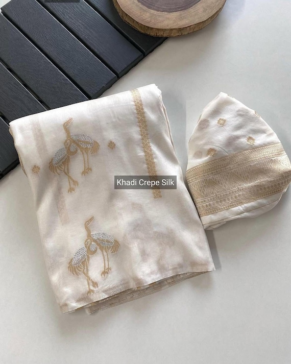 Handloom Khaddi Crepe Silk Saree, Duck Motifs, Zari Meena Work