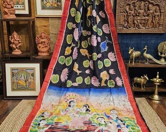 Lord Krishna Hand-Painted Pure Tussar Silk Saree: Artisan Floral Masterpiece with Pure Zari Border