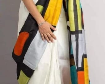Handloom Bishnupur Silk Saree, Abstract Block Print, Dual Tone