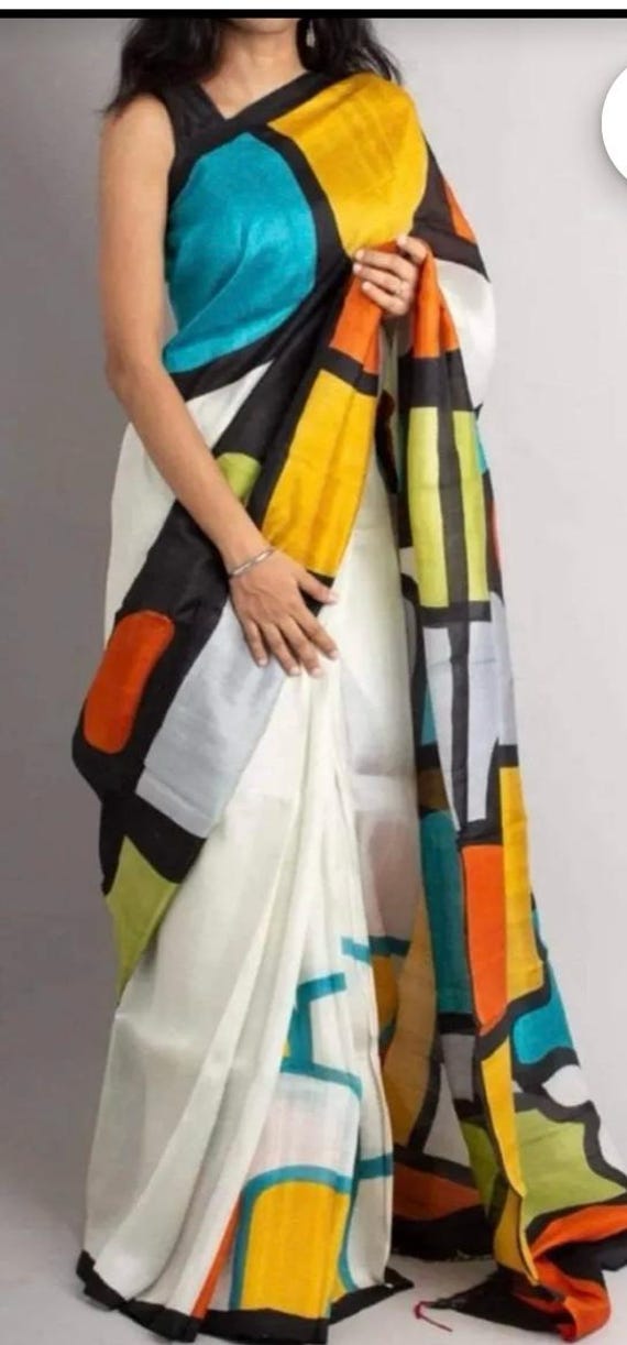 Handloom Bishnupur Silk Saree, Abstract Block Print, Dual Tone