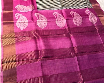 Hand-Painted Tussar Silk Saree: Artisan Certified Handloom Wrap Wedding Gift Sari